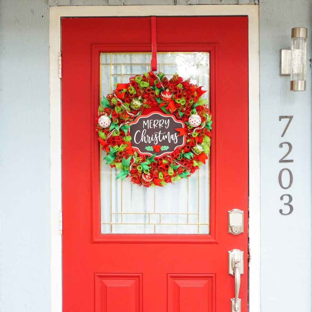 Classic Red, White and Green Merry Christmas Deco Mesh Wreath